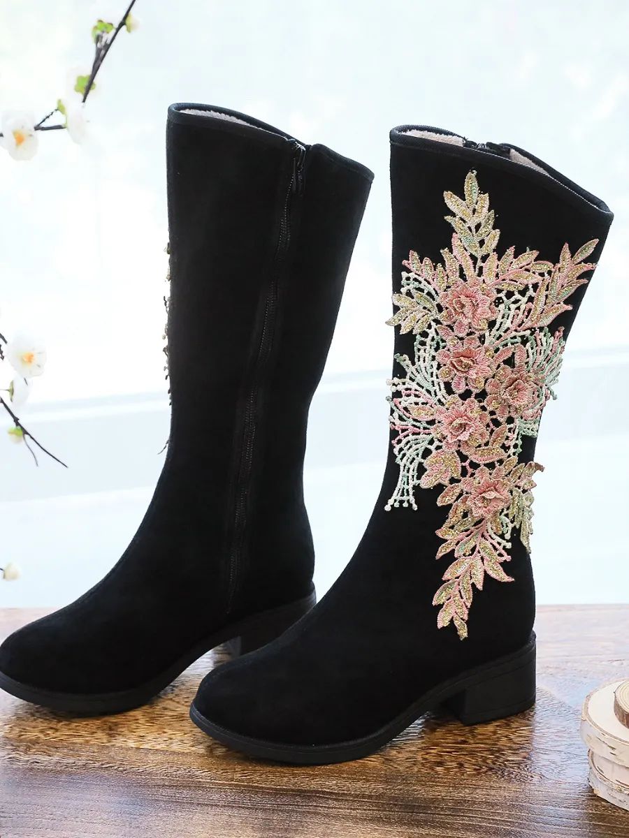 Embroidery Blooming Appliqued Long Knee Boots - Black