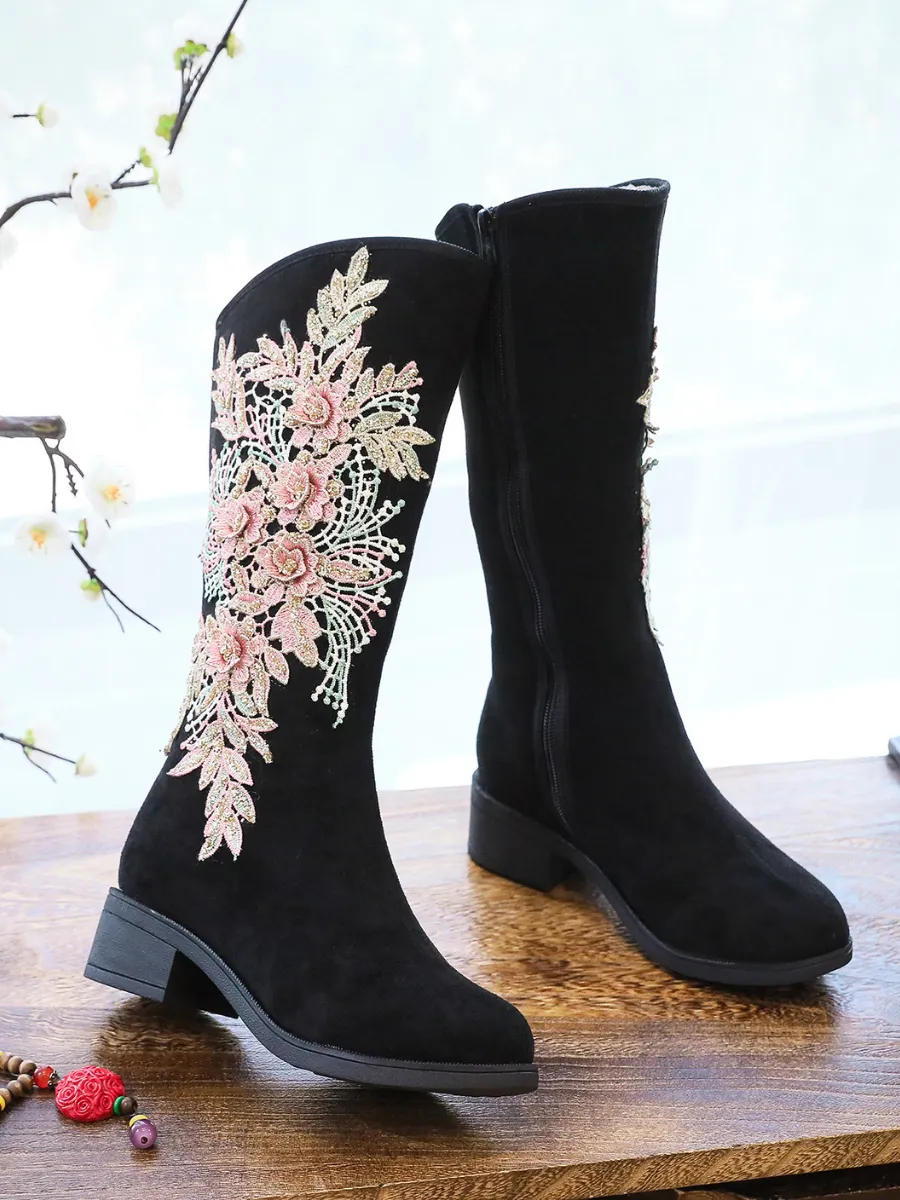 Embroidery Blooming Appliqued Long Knee Boots - Black