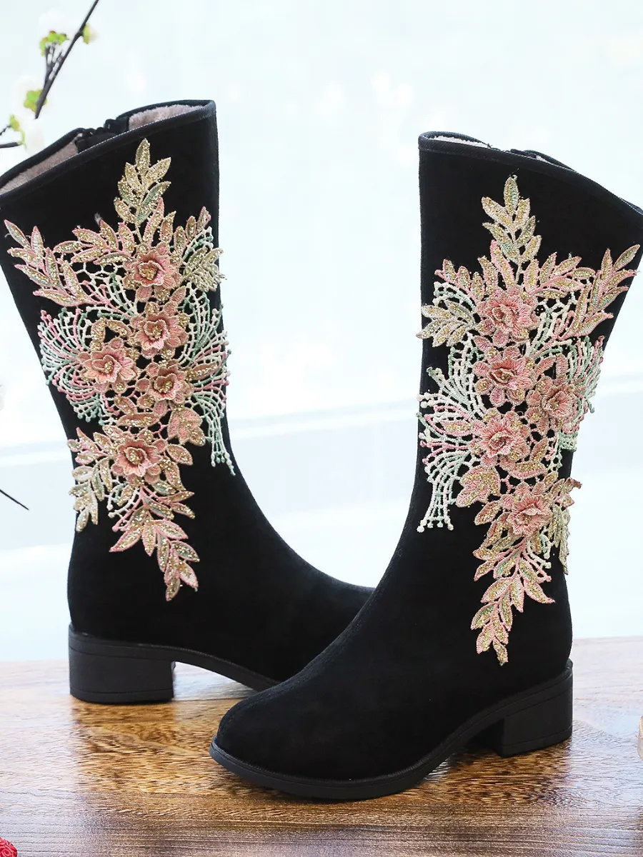 Embroidery Blooming Appliqued Long Knee Boots - Black