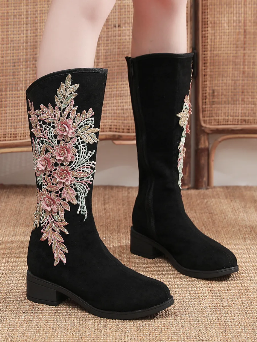 Embroidery Blooming Appliqued Long Knee Boots - Black