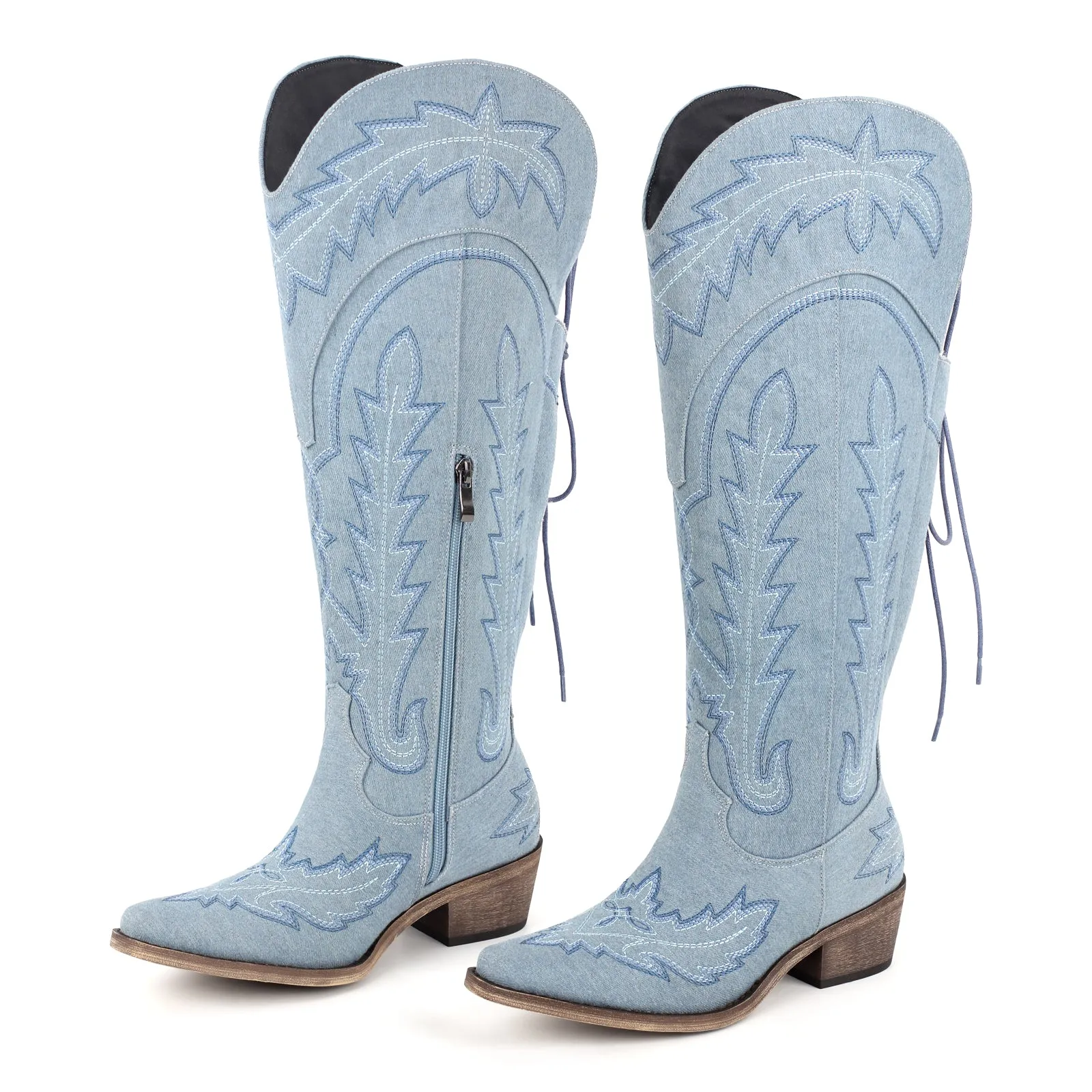 Embroidery Knee High Lace-up Western Boots