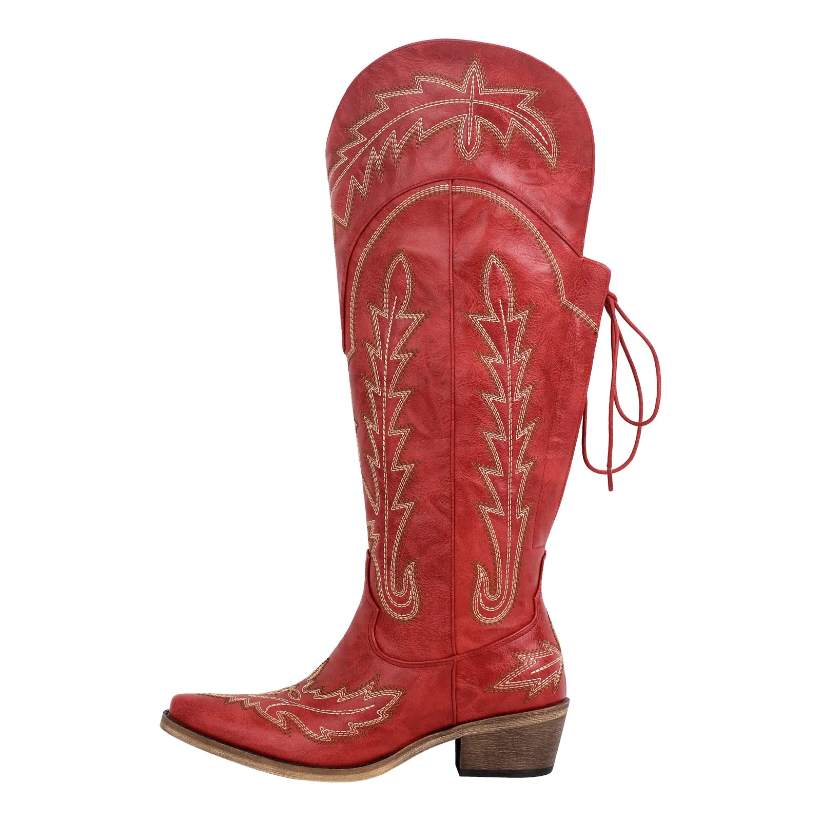 Embroidery Knee High Lace-up Western Boots