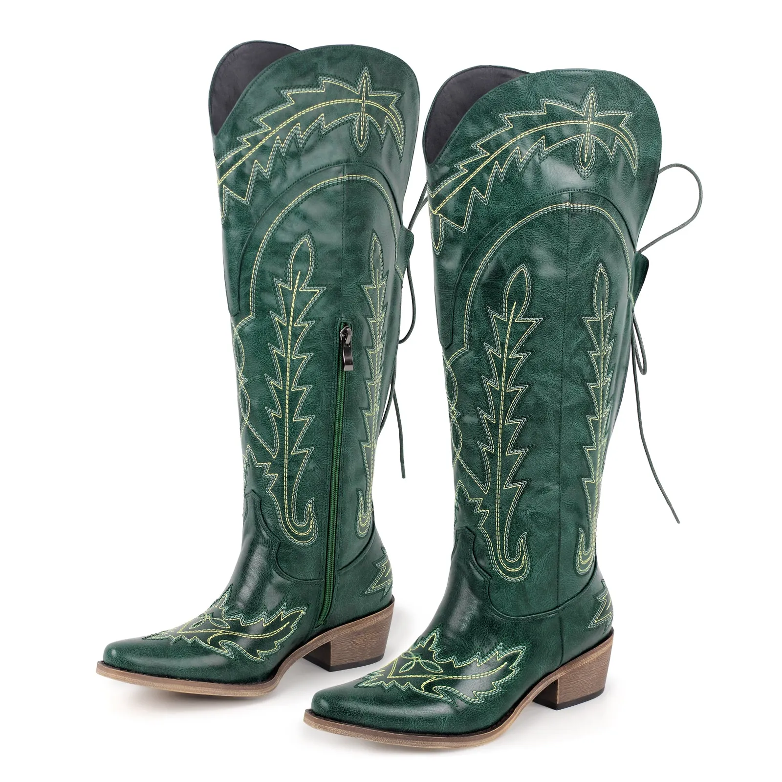 Embroidery Knee High Lace-up Western Boots