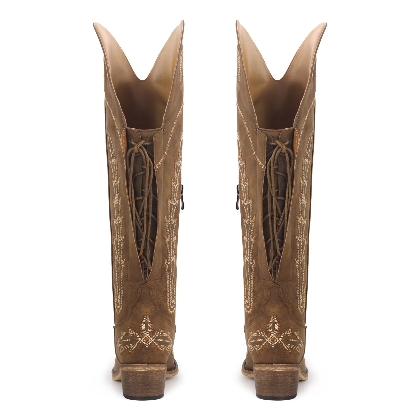 Embroidery Knee High Lace-up Western Boots