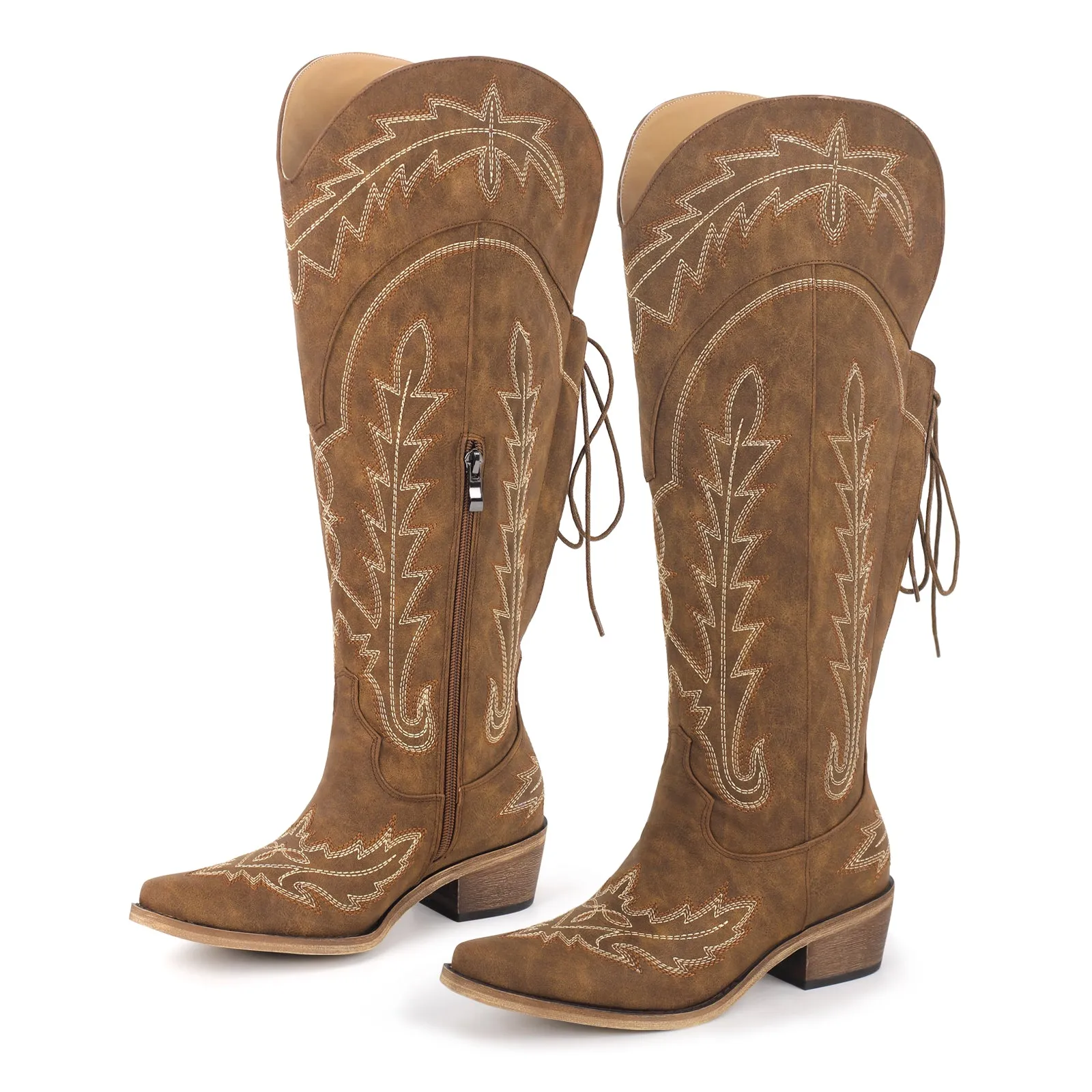 Embroidery Knee High Lace-up Western Boots