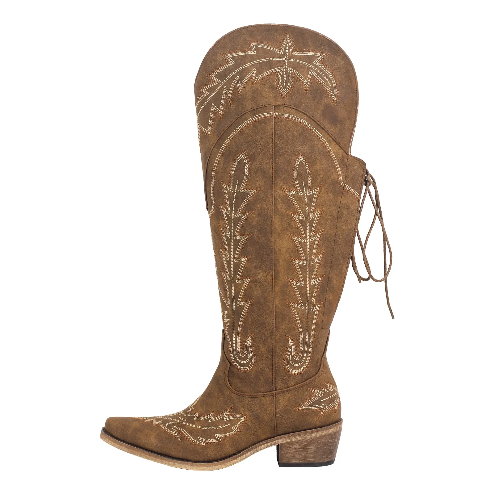 Embroidery Knee High Lace-up Western Boots
