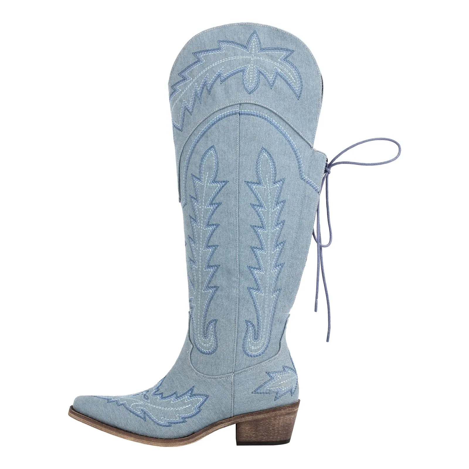 Embroidery Knee High Lace-up Western Boots