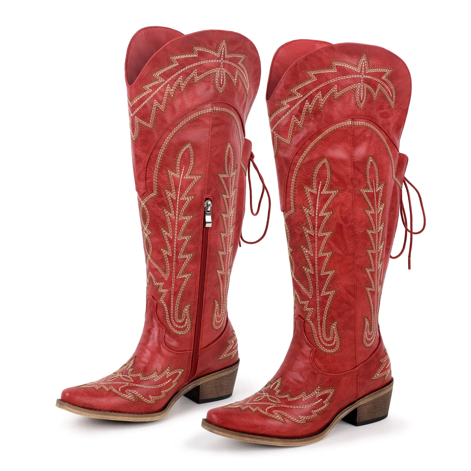 Embroidery Knee High Lace-up Western Boots