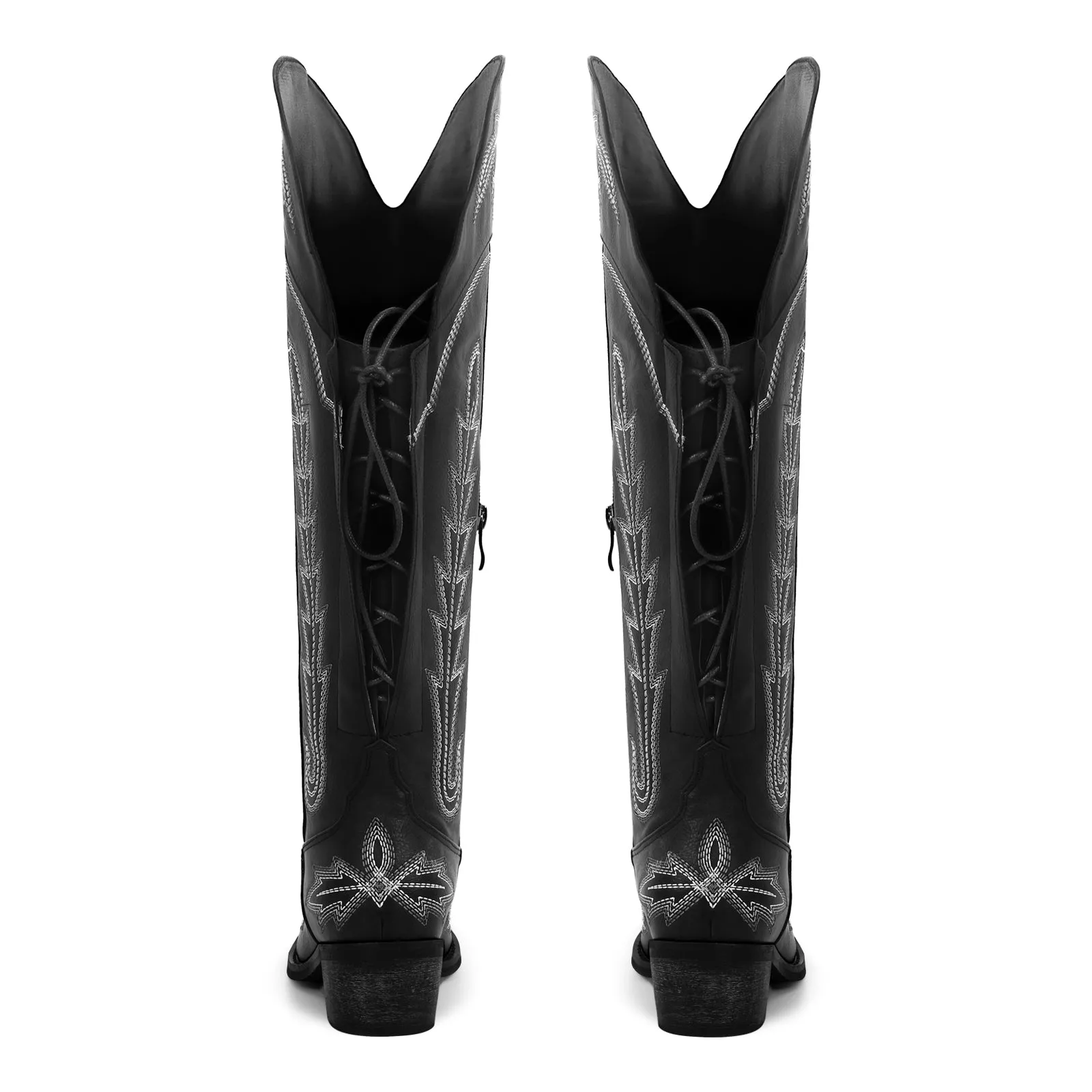 Embroidery Knee High Lace-up Western Boots