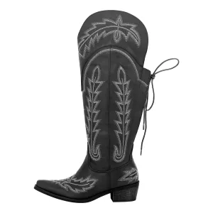 Embroidery Knee High Lace-up Western Boots