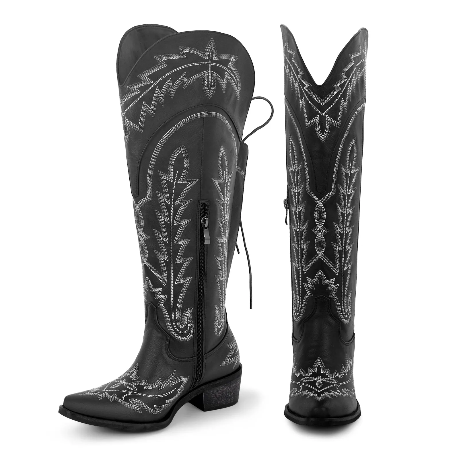 Embroidery Knee High Lace-up Western Boots