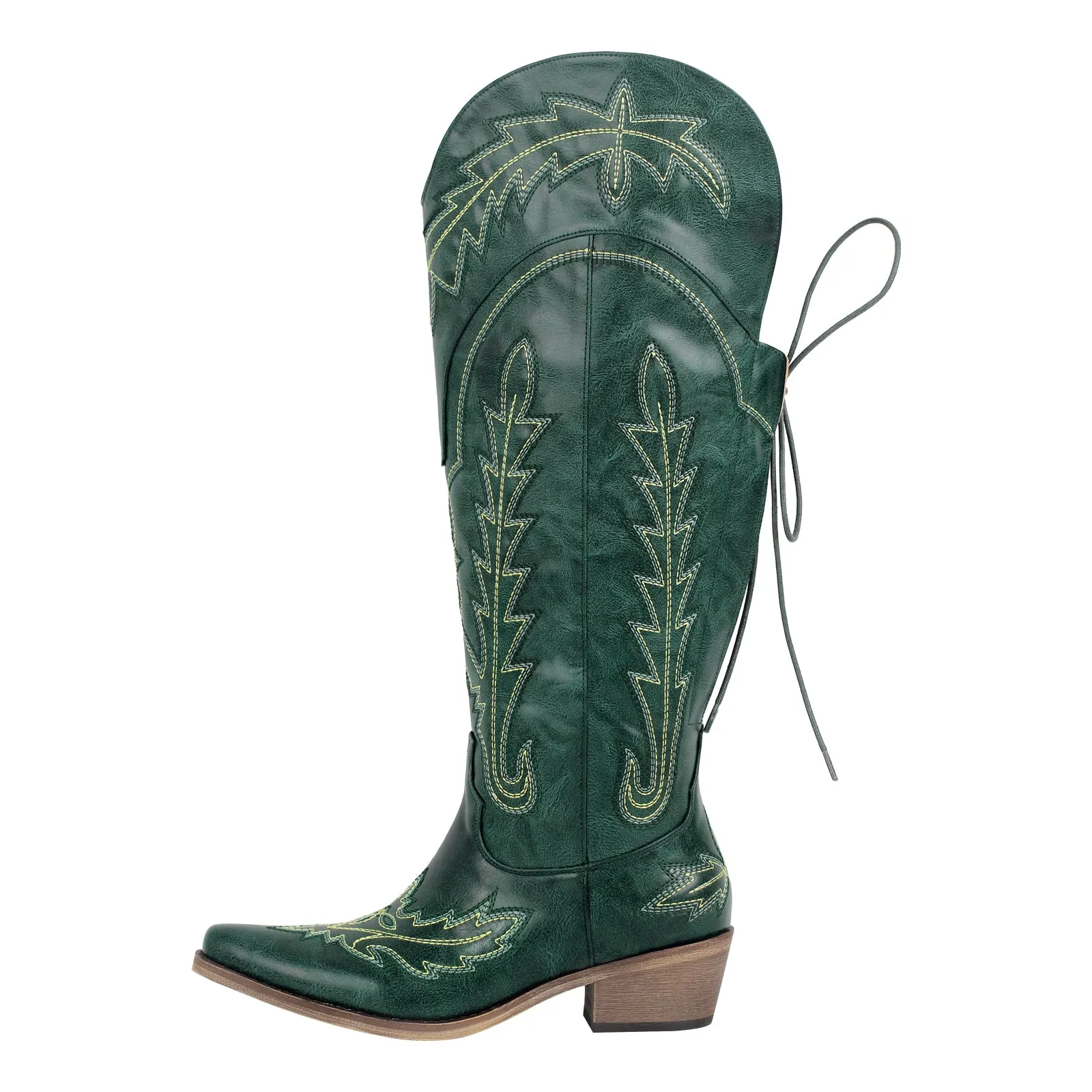 Embroidery Knee High Lace-up Western Boots
