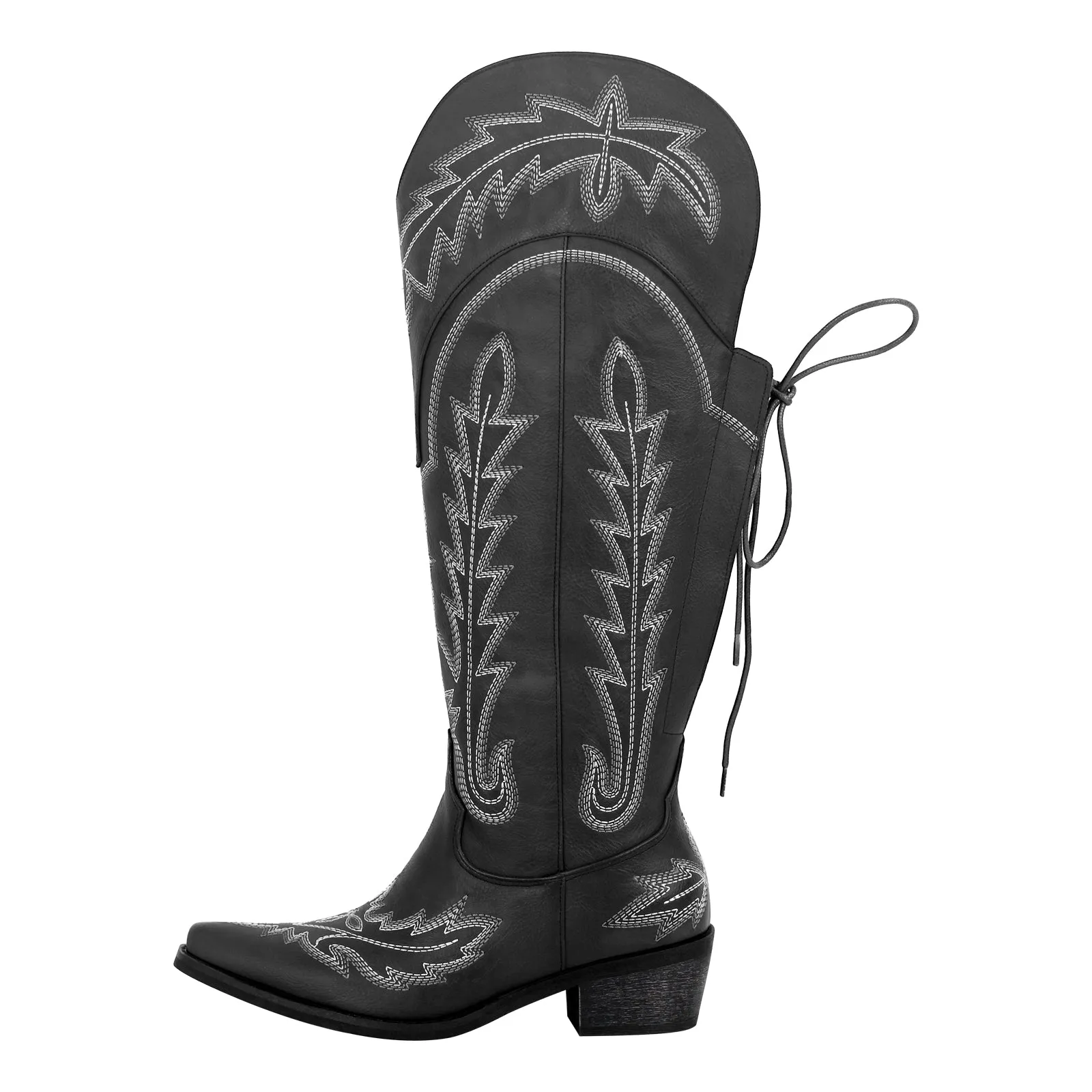 Embroidery Knee High Lace-up Western Boots