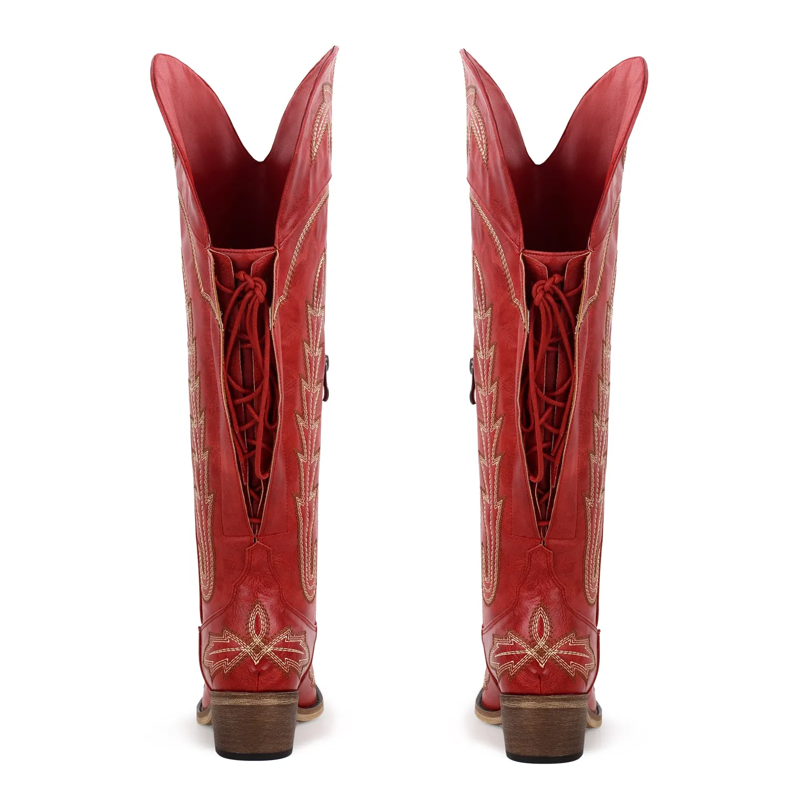 Embroidery Knee High Lace-up Western Boots