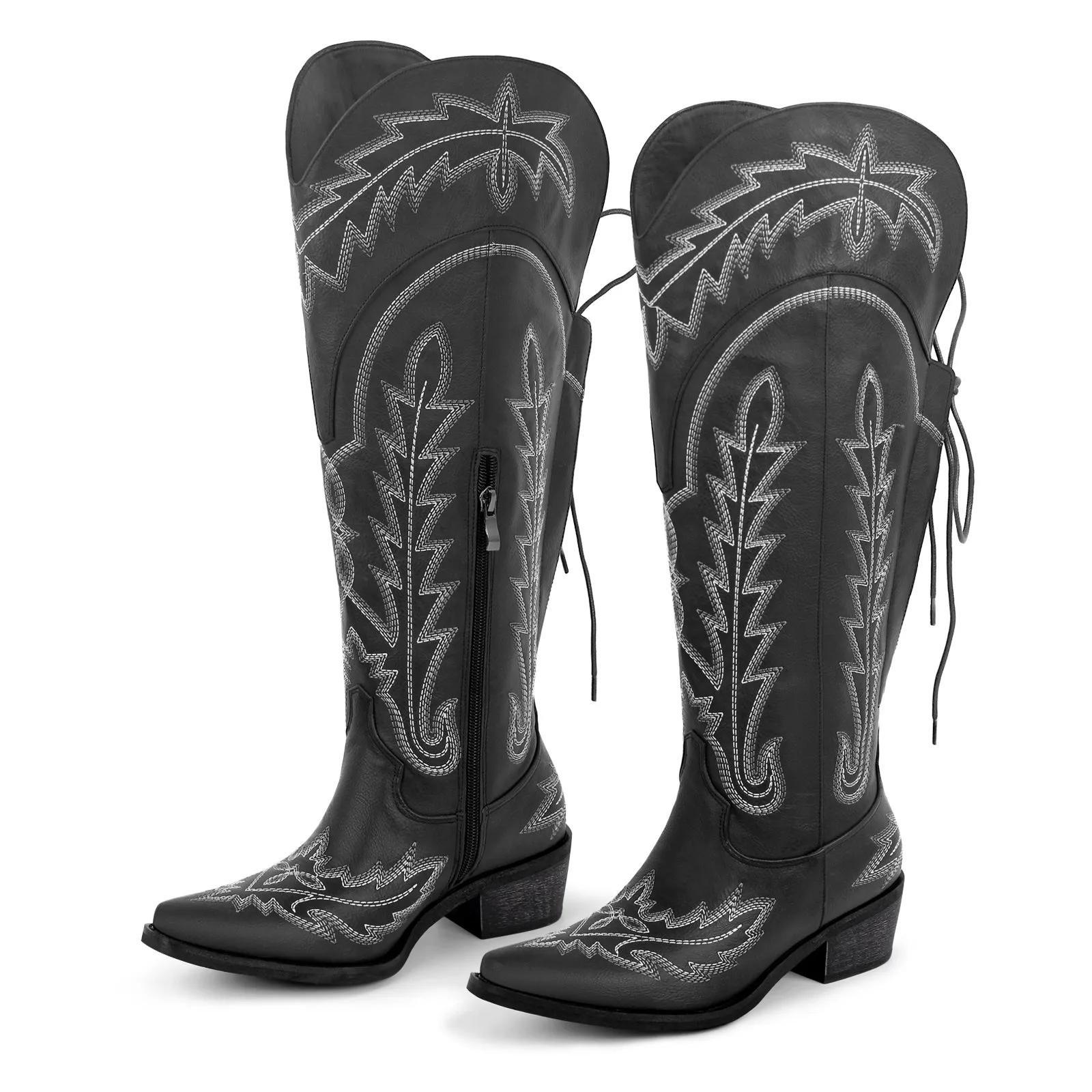 Embroidery Knee High Lace-up Western Boots