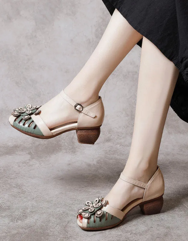 Fish Toe Ankle Strap Flower Chunky Heel Sandals