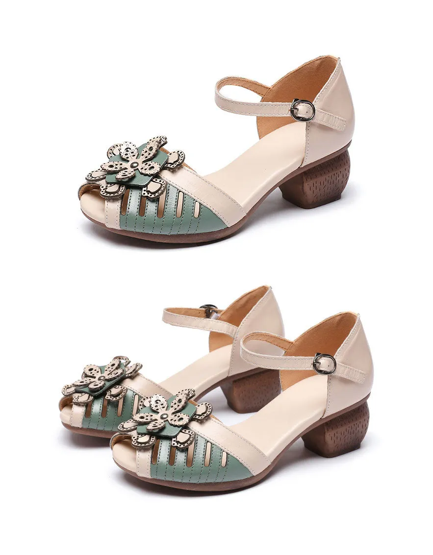 Fish Toe Ankle Strap Flower Chunky Heel Sandals
