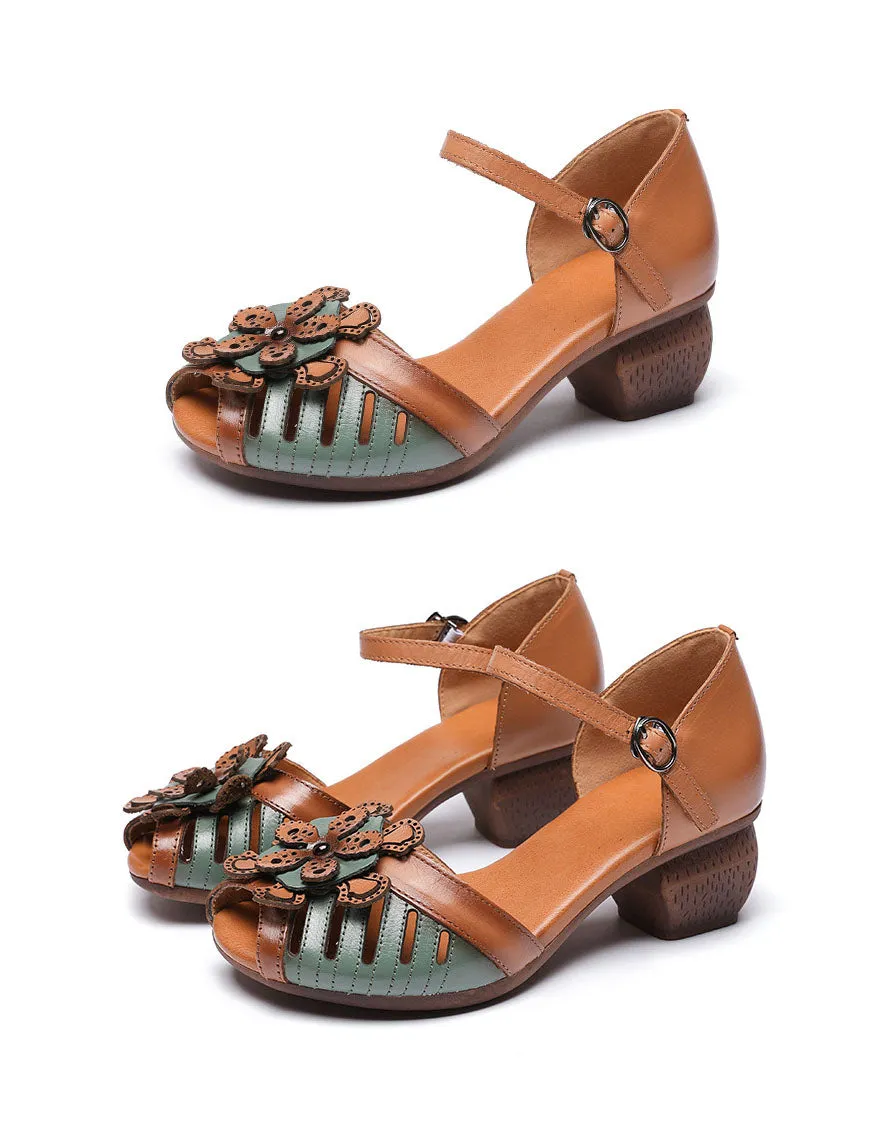 Fish Toe Ankle Strap Flower Chunky Heel Sandals