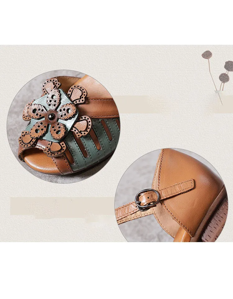 Fish Toe Ankle Strap Flower Chunky Heel Sandals