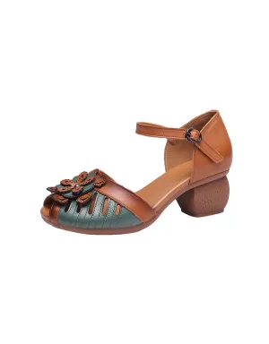 Fish Toe Ankle Strap Flower Chunky Heel Sandals