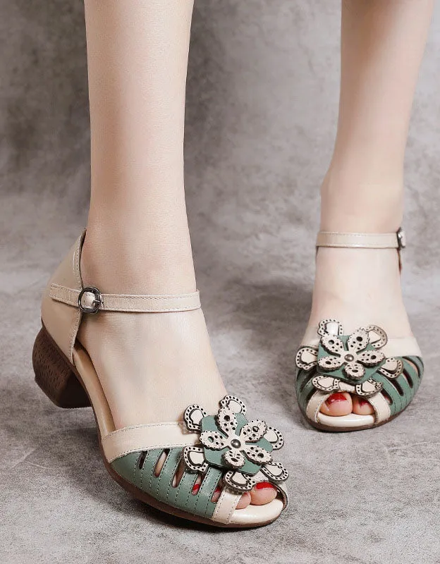 Fish Toe Ankle Strap Flower Chunky Heel Sandals
