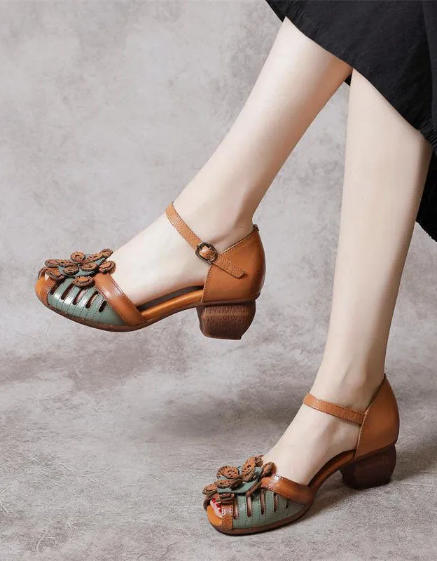 Fish Toe Ankle Strap Flower Chunky Heel Sandals