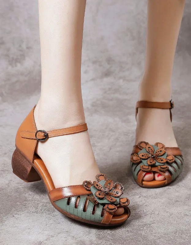 Fish Toe Ankle Strap Flower Chunky Heel Sandals
