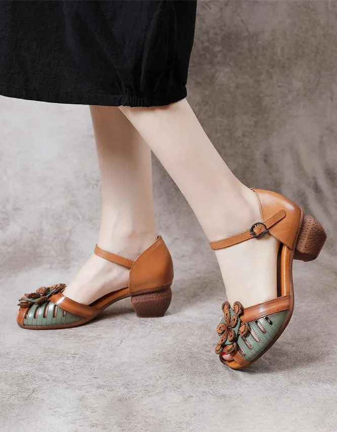 Fish Toe Ankle Strap Flower Chunky Heel Sandals