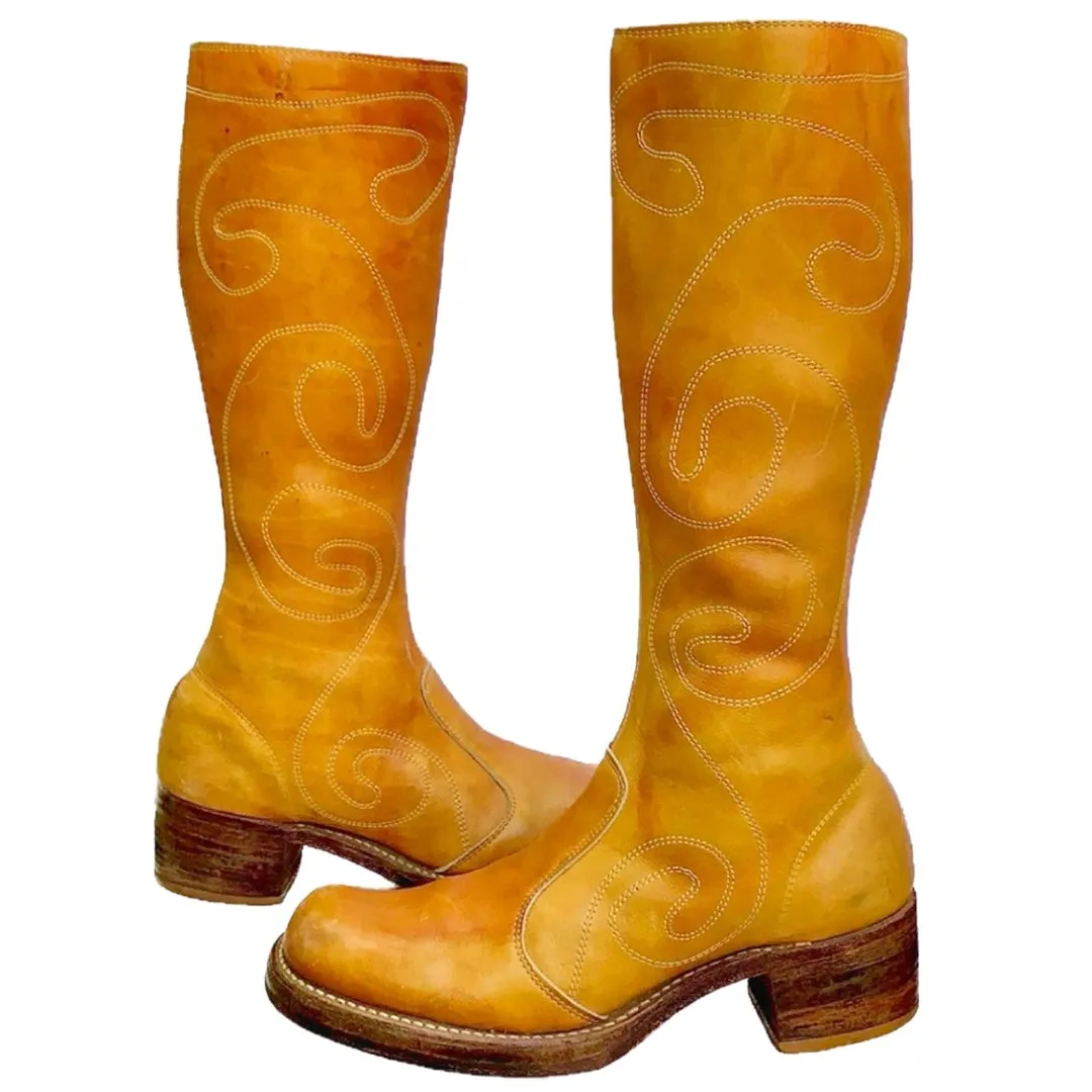 FRYE True Vintage Banana Sunrise Leather Black Label Swirl Embroidered Tall Knee High Zippered Boots
