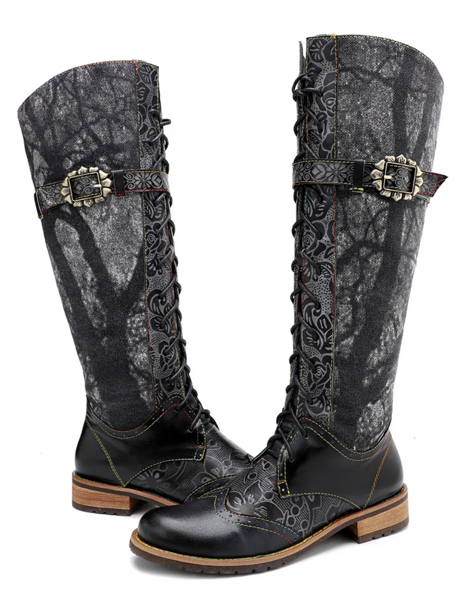 Genuine Leather Black Forest Tie-Accent Boho High Boots Knee Boots