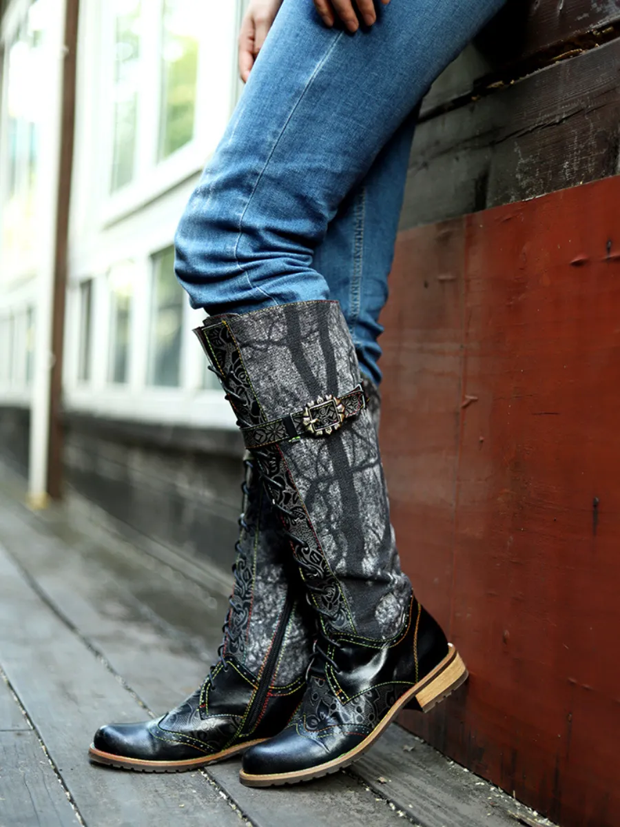 Genuine Leather Black Forest Tie-Accent Boho High Boots Knee Boots