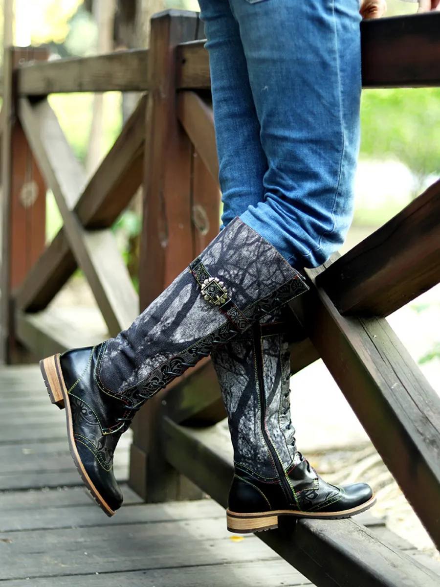 Genuine Leather Black Forest Tie-Accent Boho High Boots Knee Boots