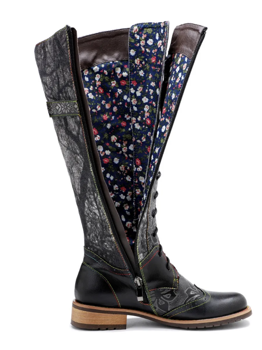 Genuine Leather Black Forest Tie-Accent Boho High Boots Knee Boots