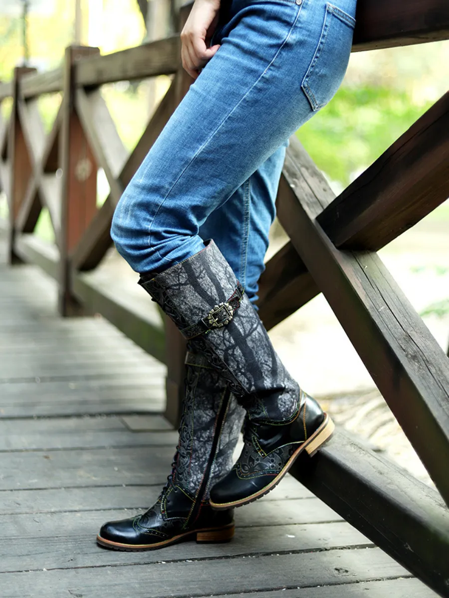 Genuine Leather Black Forest Tie-Accent Boho High Boots Knee Boots