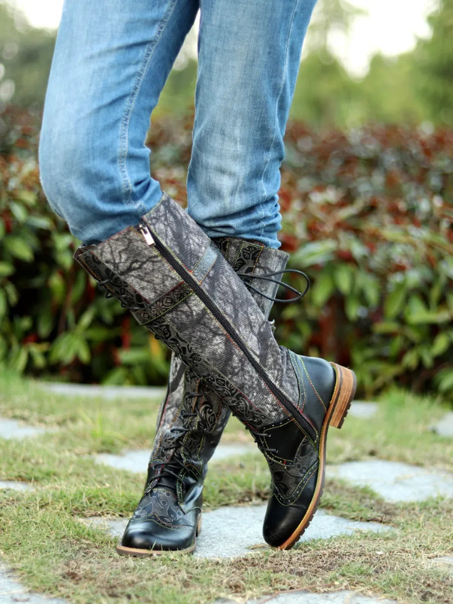 Genuine Leather Black Forest Tie-Accent Boho High Boots Knee Boots