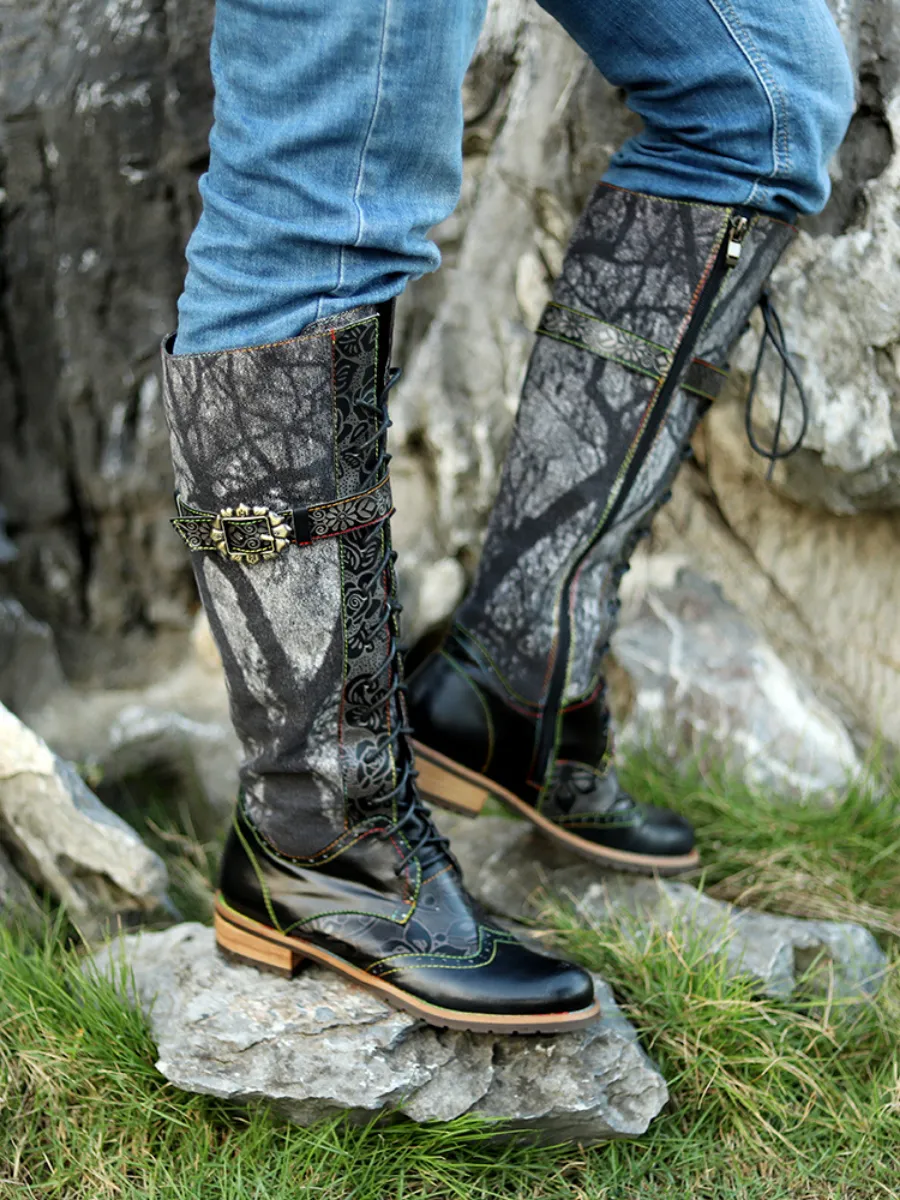 Genuine Leather Black Forest Tie-Accent Boho High Boots Knee Boots
