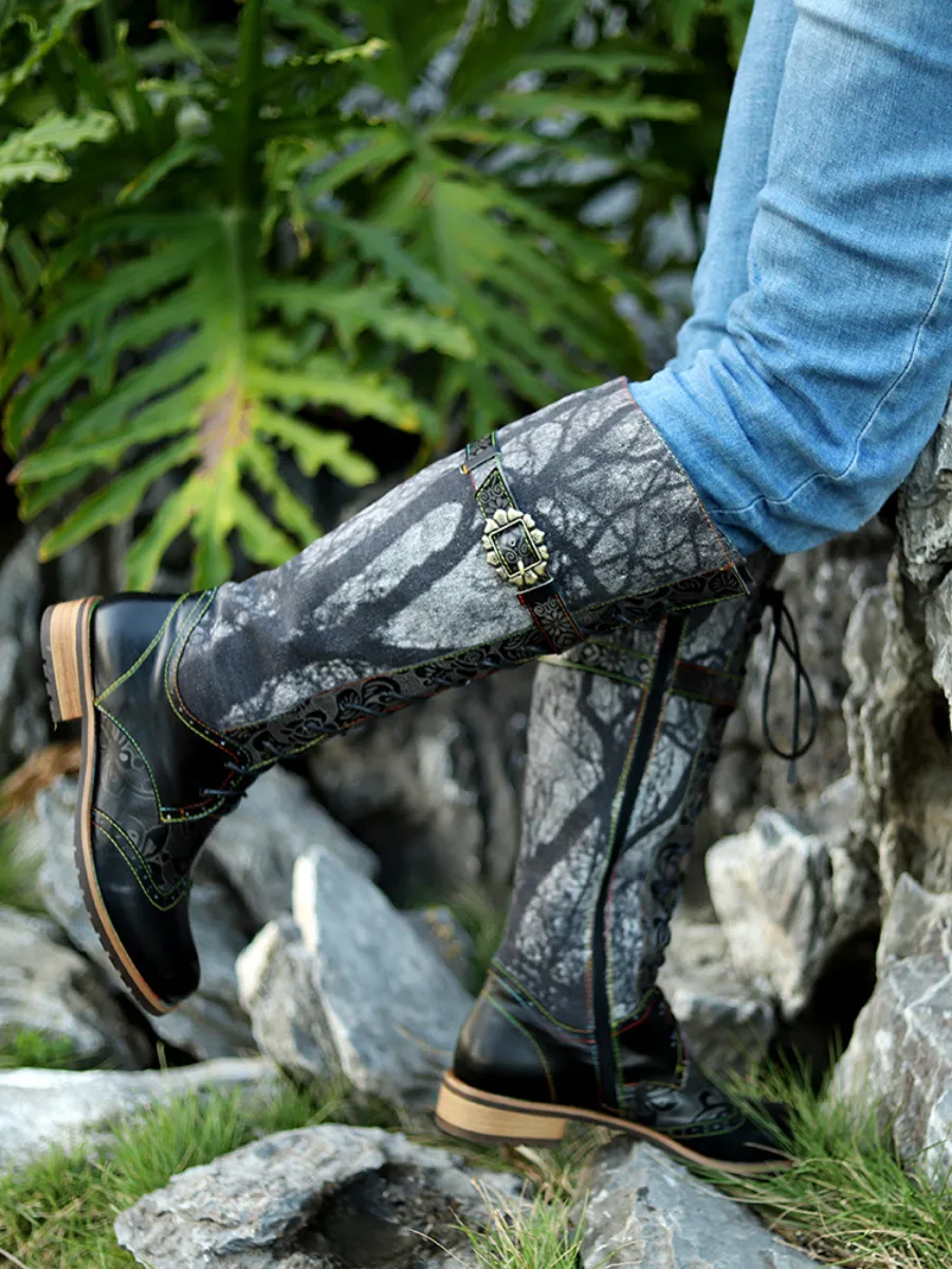 Genuine Leather Black Forest Tie-Accent Boho High Boots Knee Boots