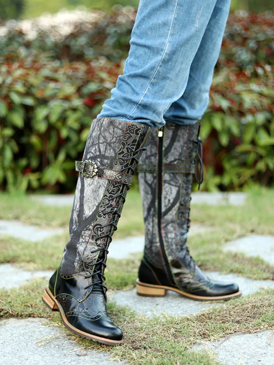 Genuine Leather Black Forest Tie-Accent Boho High Boots Knee Boots