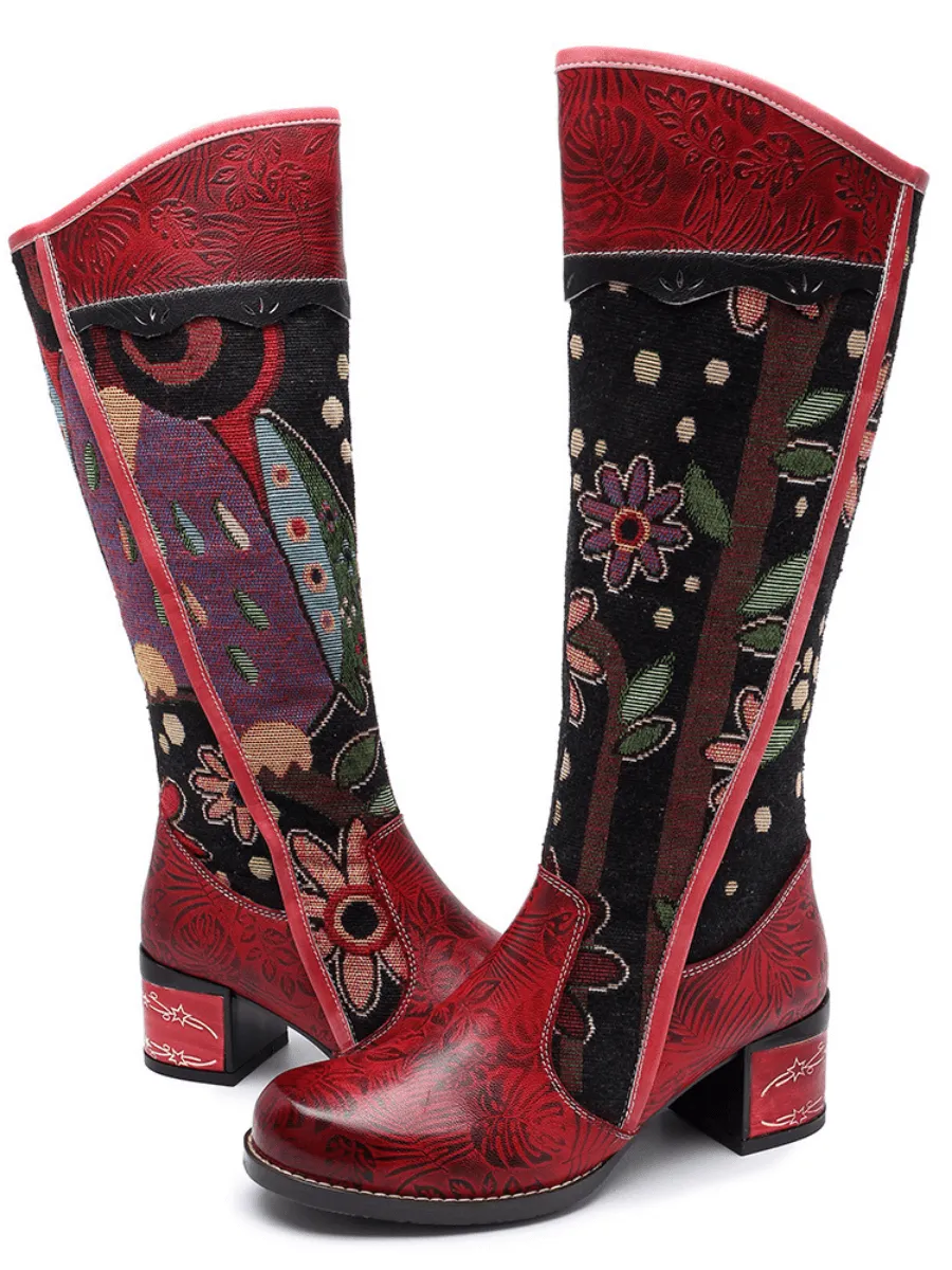 Genuine Leather Bohemian Red Blossom Tie-Accent Leather Vintage High Knee Boots