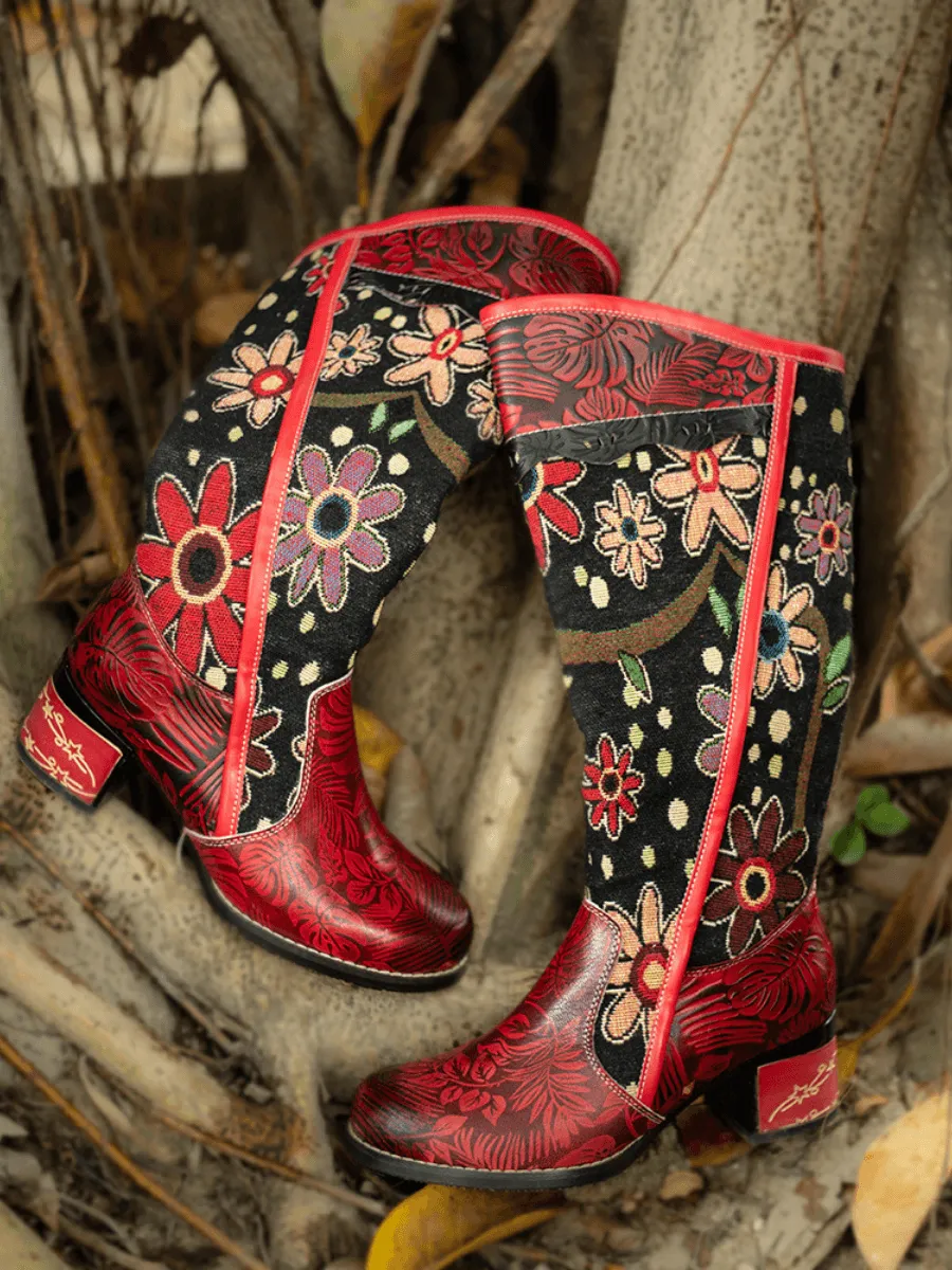 Genuine Leather Bohemian Red Blossom Tie-Accent Leather Vintage High Knee Boots