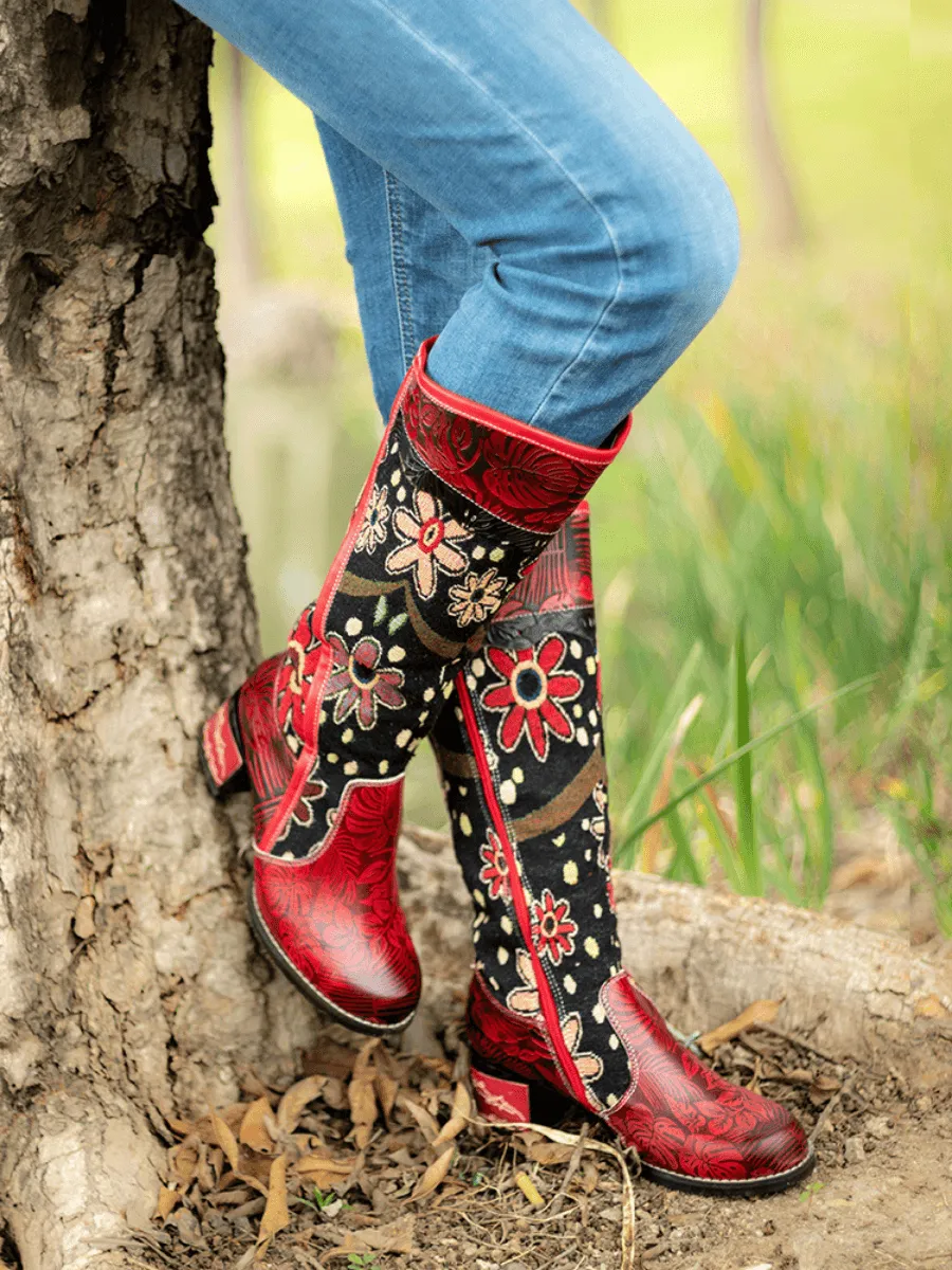 Genuine Leather Bohemian Red Blossom Tie-Accent Leather Vintage High Knee Boots
