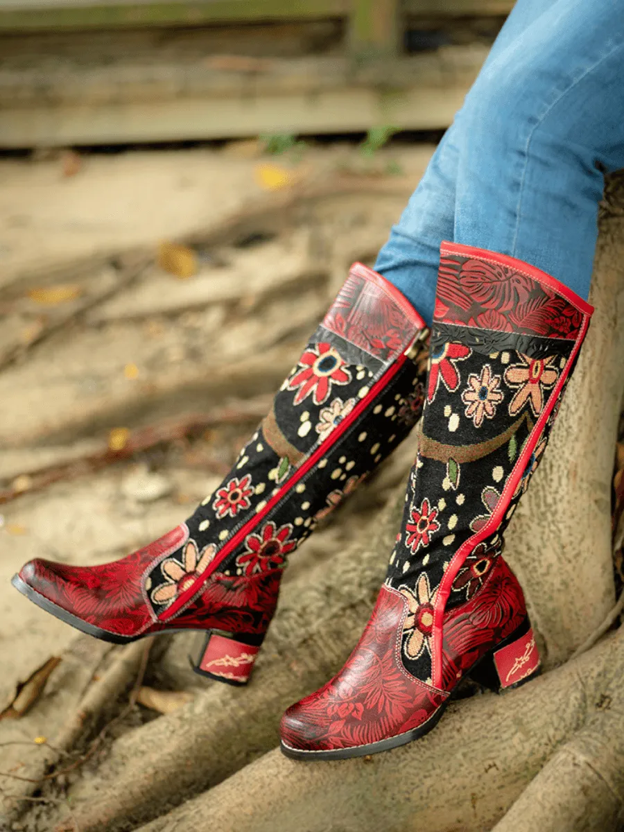 Genuine Leather Bohemian Red Blossom Tie-Accent Leather Vintage High Knee Boots