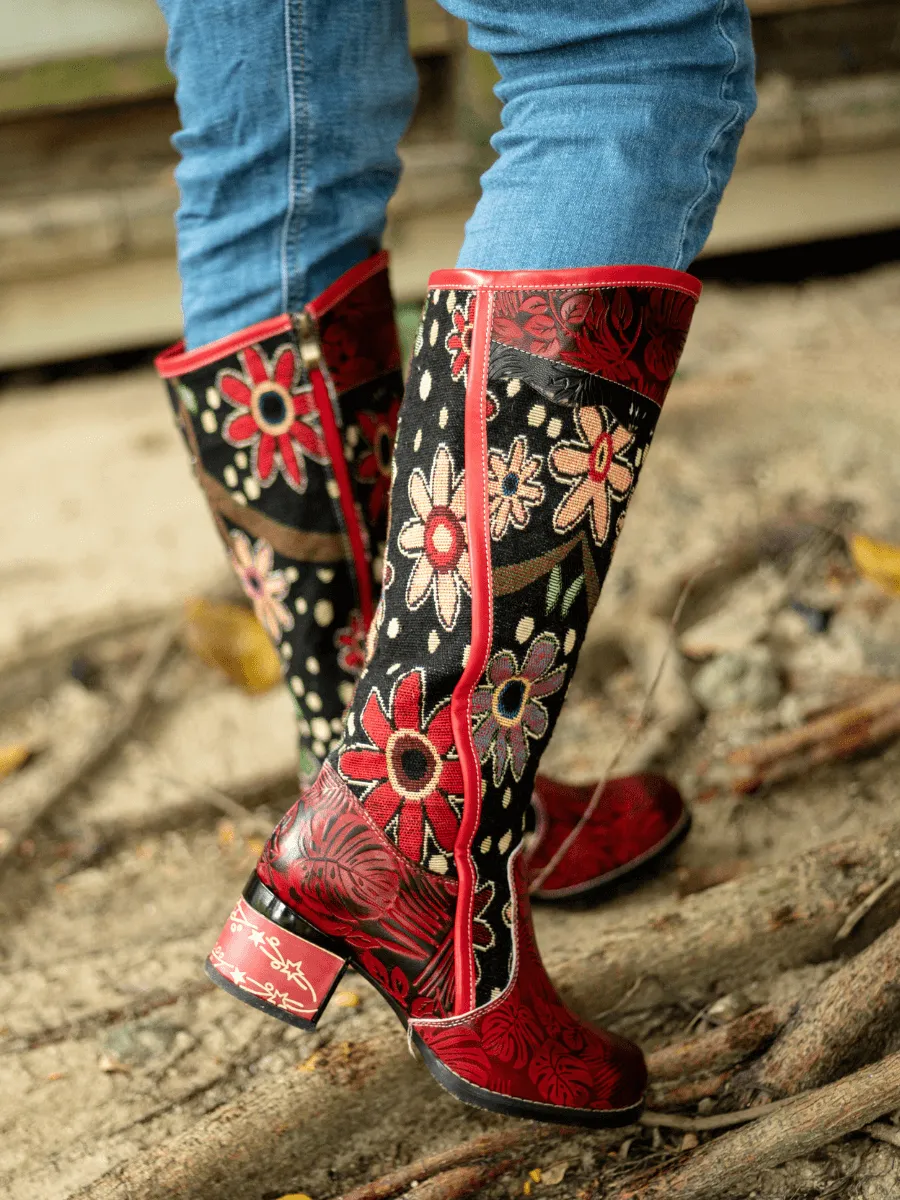 Genuine Leather Bohemian Red Blossom Tie-Accent Leather Vintage High Knee Boots