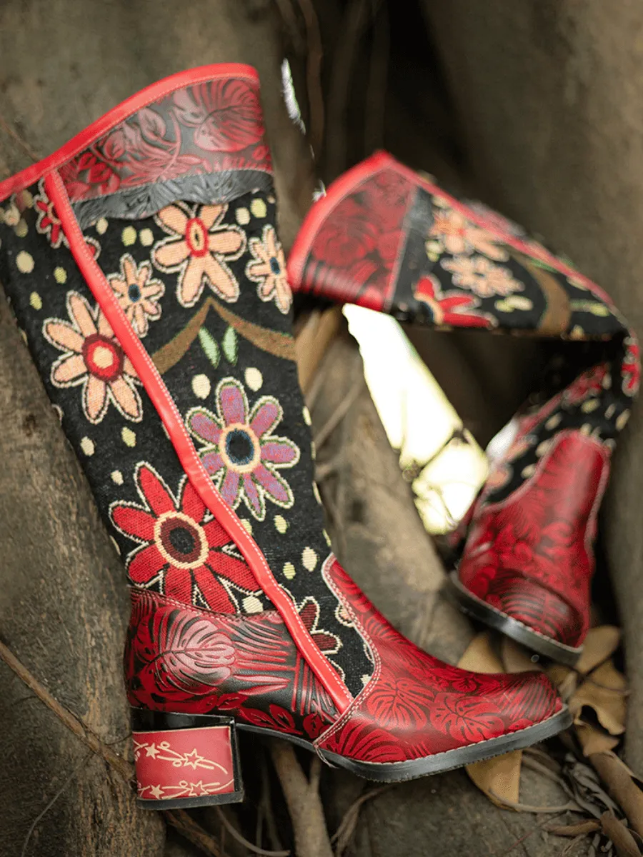 Genuine Leather Bohemian Red Blossom Tie-Accent Leather Vintage High Knee Boots