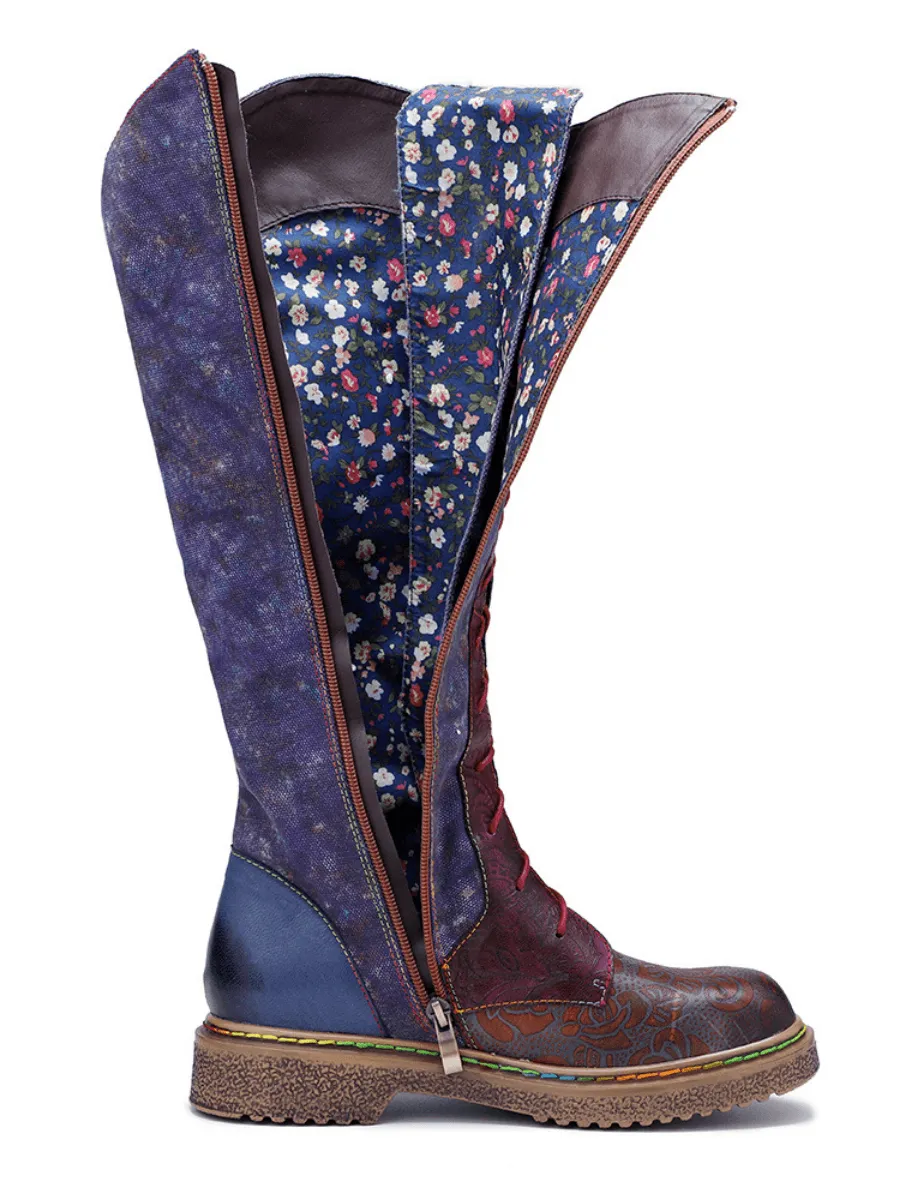Genuine Leather Galaxy Purple Printed Tie-Accent Boho High Knee Boots