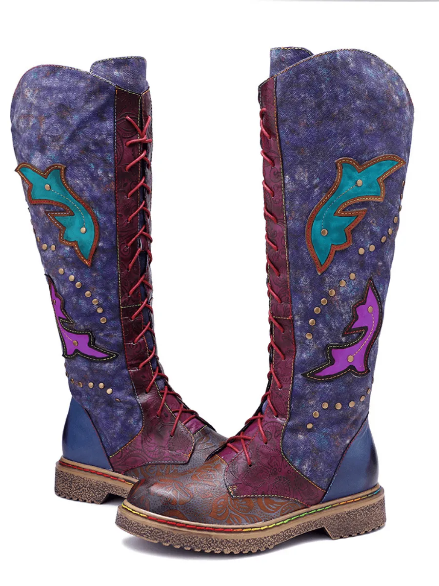 Genuine Leather Galaxy Purple Printed Tie-Accent Boho High Knee Boots