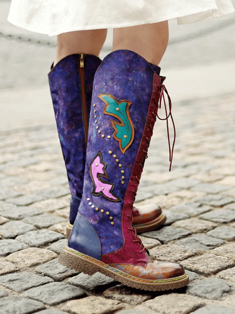 Genuine Leather Galaxy Purple Printed Tie-Accent Boho High Knee Boots