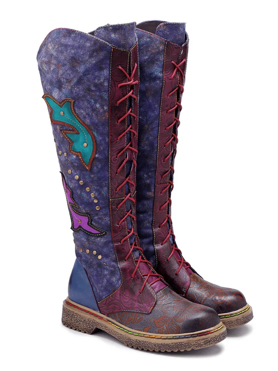 Genuine Leather Galaxy Purple Printed Tie-Accent Boho High Knee Boots