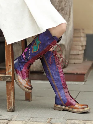 Genuine Leather Galaxy Purple Printed Tie-Accent Boho High Knee Boots
