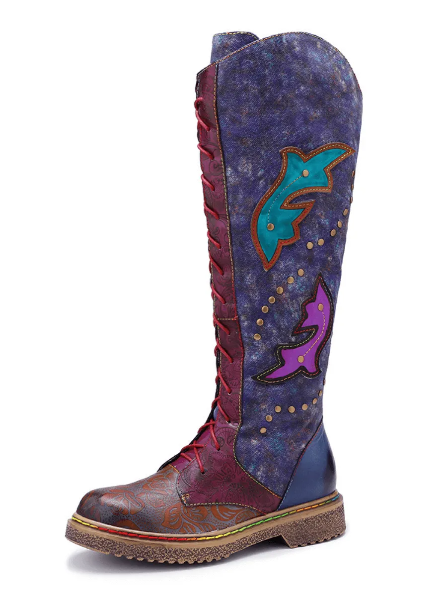 Genuine Leather Galaxy Purple Printed Tie-Accent Boho High Knee Boots